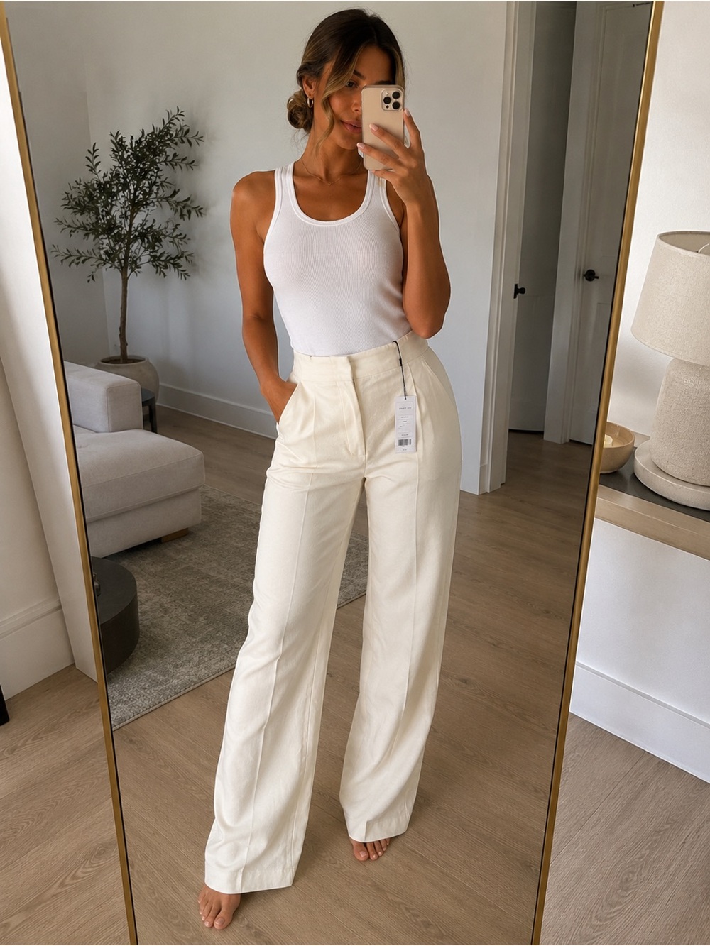 Helmut Lang Cream Wide-Leg High-Rise Trousers